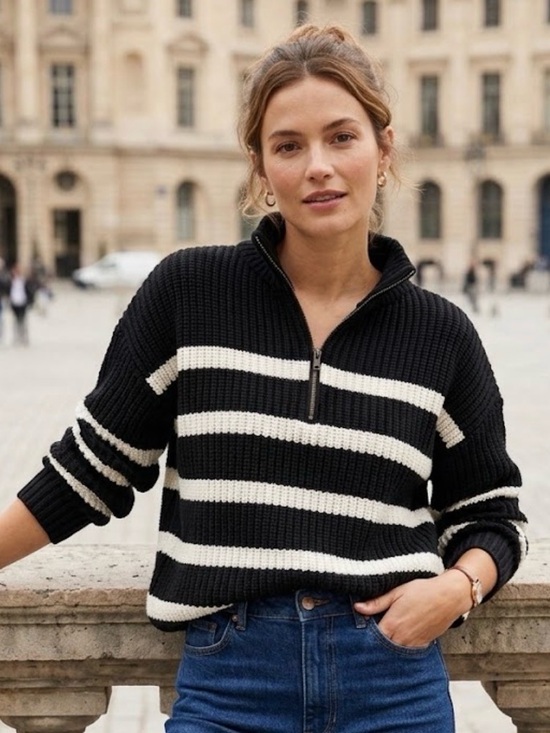 Sanctuary Sweaters - Sanctuary Sporty Striped Half-Zip Pullover Sweater - Black & White - Sz Medium